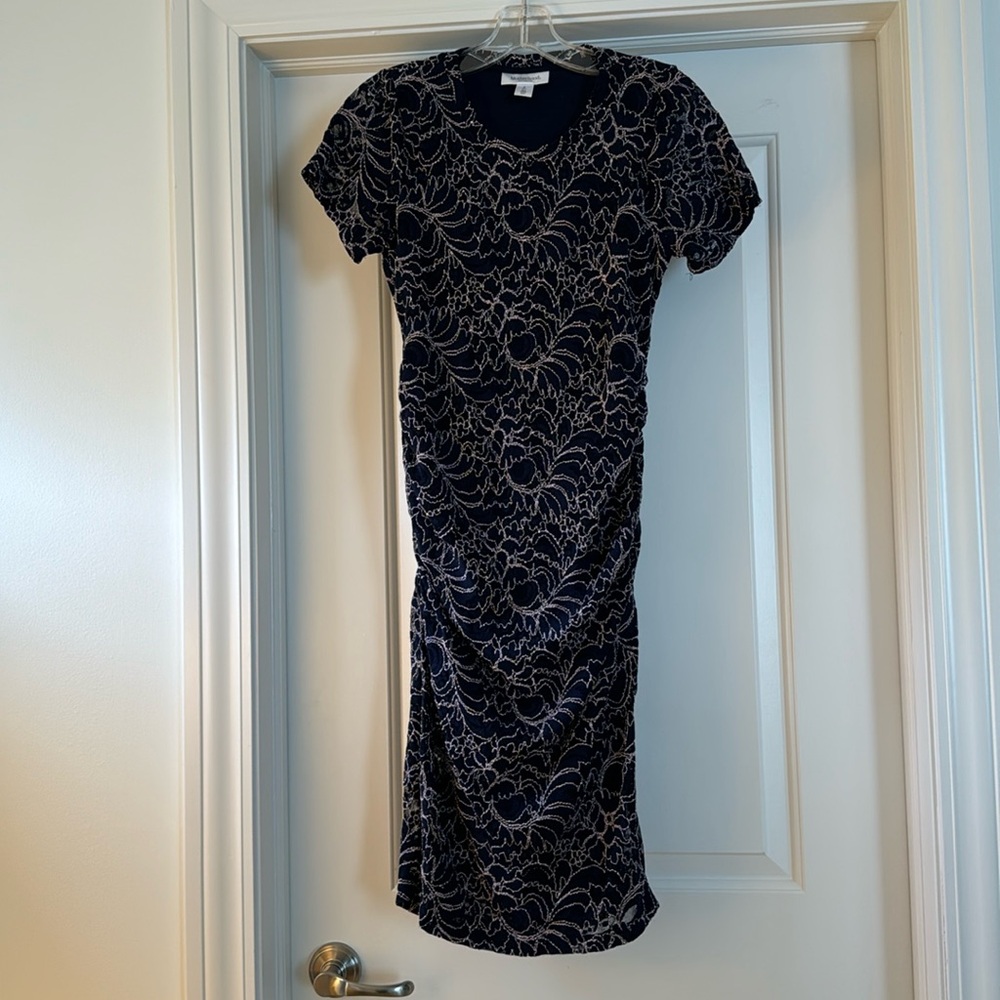 Motherhood Maternity Fully-Lined Navy Lace Gathered Gender Reveal Dress